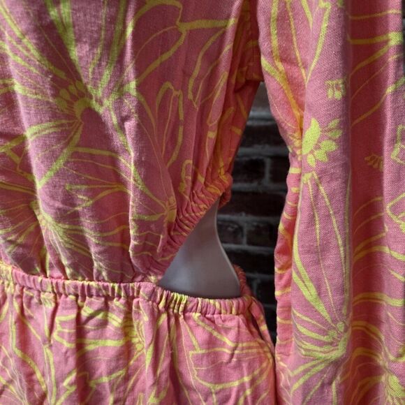 Universal Thread Pink Floral Mini Dress Medium Linen Blend Balloon Sleeve - Picture 4 of 6